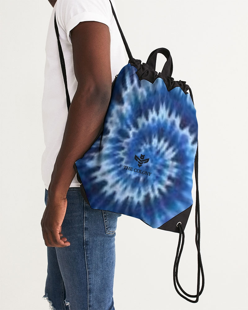 Blue and Black Tie Dye Canvas Drawstring Bag