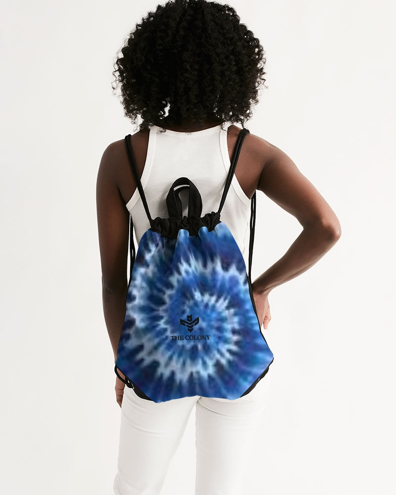 Blue and Black Tie Dye Canvas Drawstring Bag