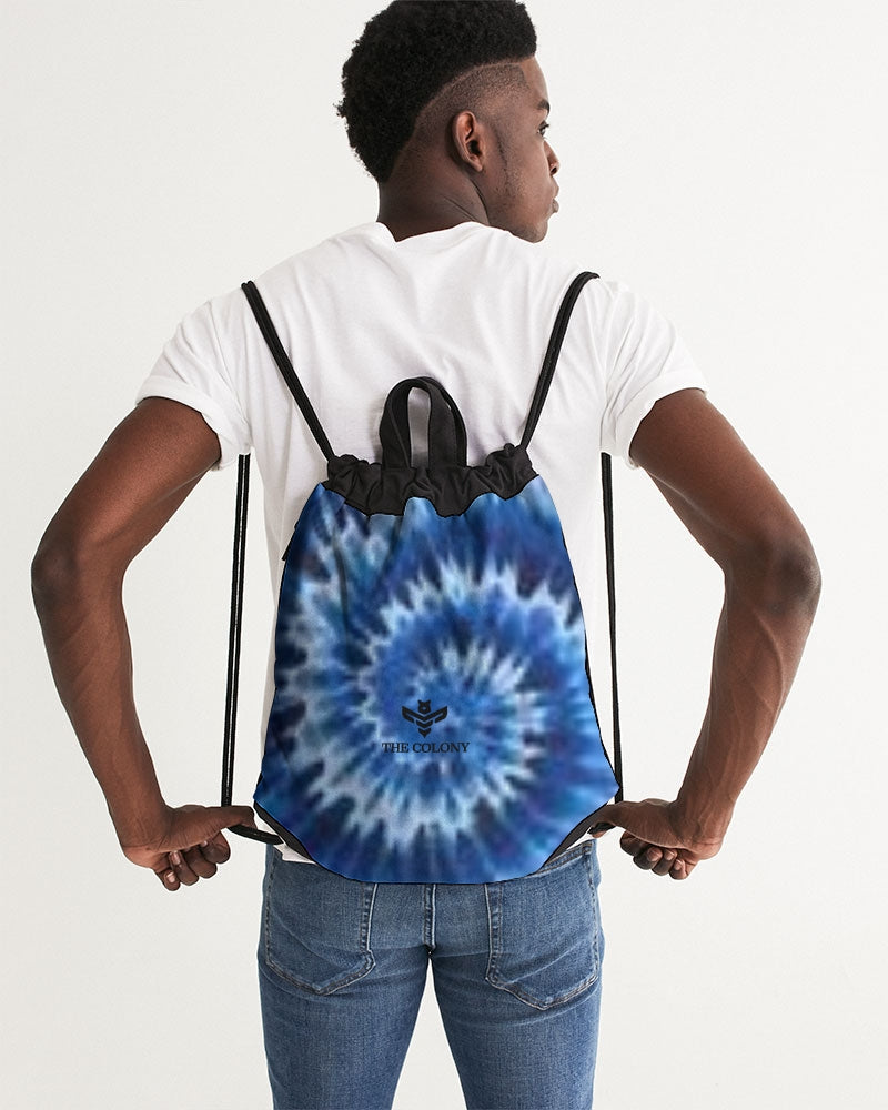 Blue and Black Tie Dye Canvas Drawstring Bag